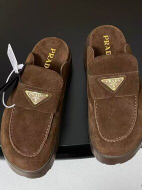 Prada Brown Trianglo Logo Suede Slides